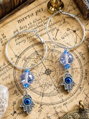 Hamsa Evil Eye Protection Blue Faceted Azure Crystal Beads Earrings Handmade NEW